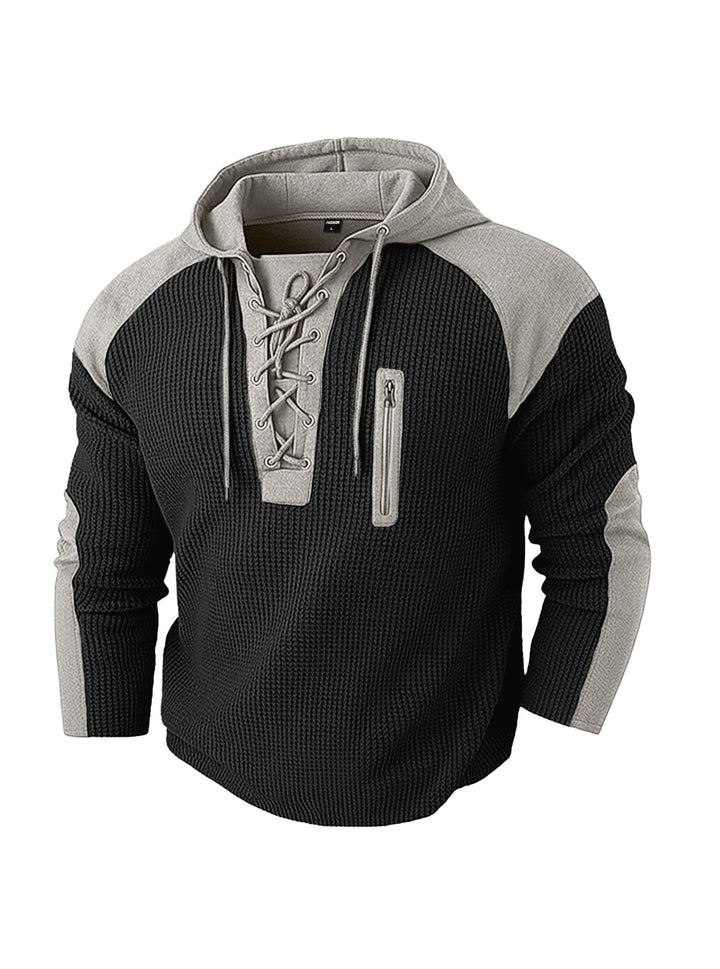 Men's hoodie showing the regular fit and contrast panel design