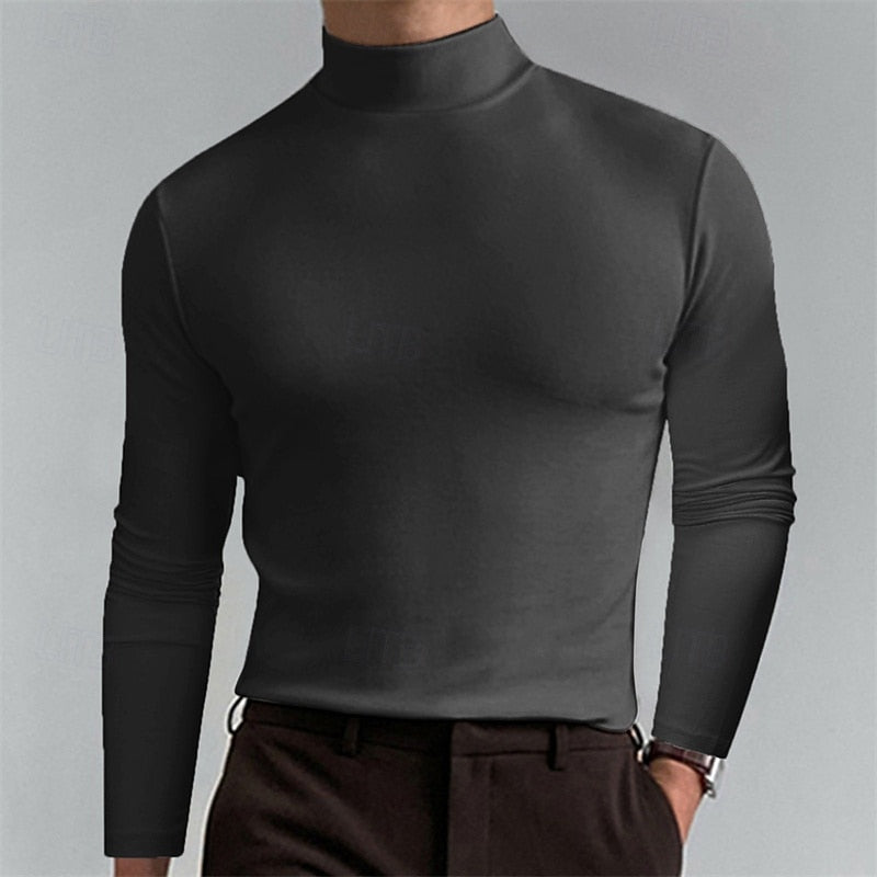 Side view of a men’s classic long sleeve turtleneck top