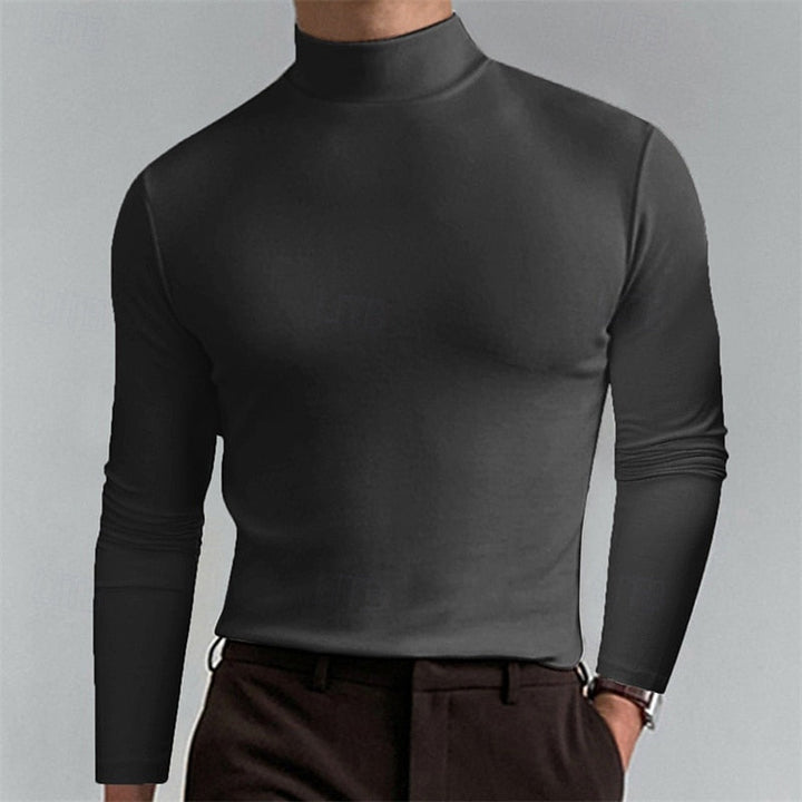 Side view of a men’s classic long sleeve turtleneck top
