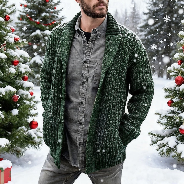 Men's chunky knit cardigan with a shawl collar, shown from the front.