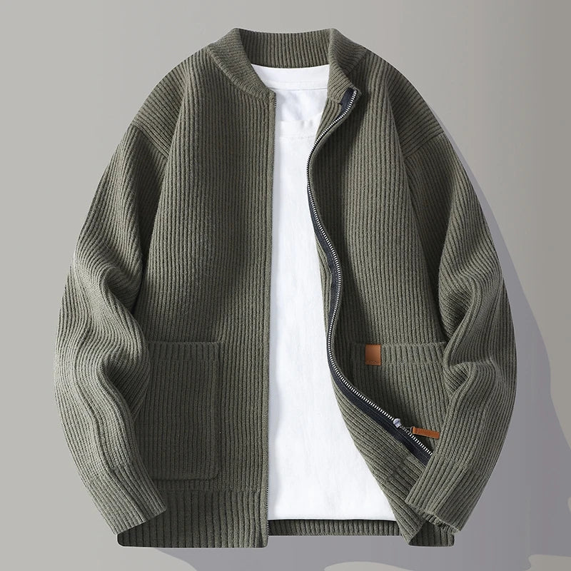 Close-up of the ribbed knit fabric on a men's cardigan