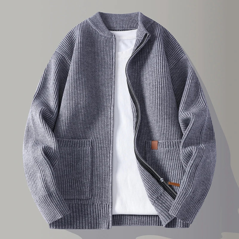 Men's cardigan showing the open front and tailored silhouette