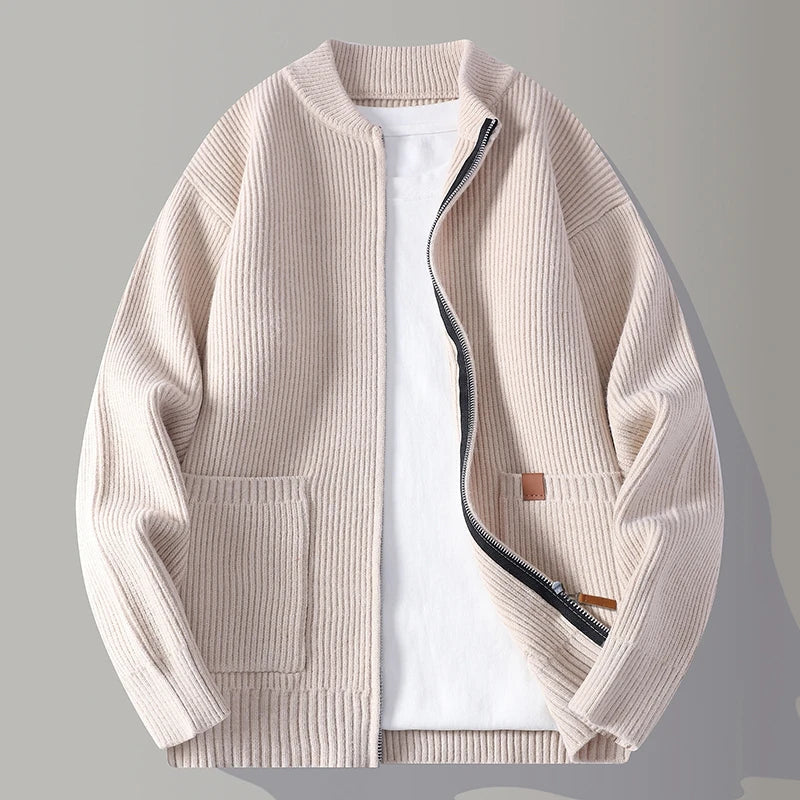 Side view of a men's ribbed knit open-front cardigan