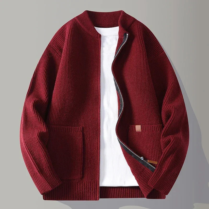 Back view of the men's cardigan showing its neat knit construction