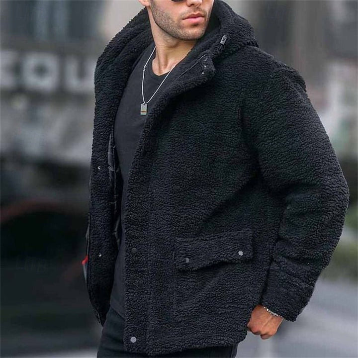 Side view of a men's soft hooded jacket for casual layering