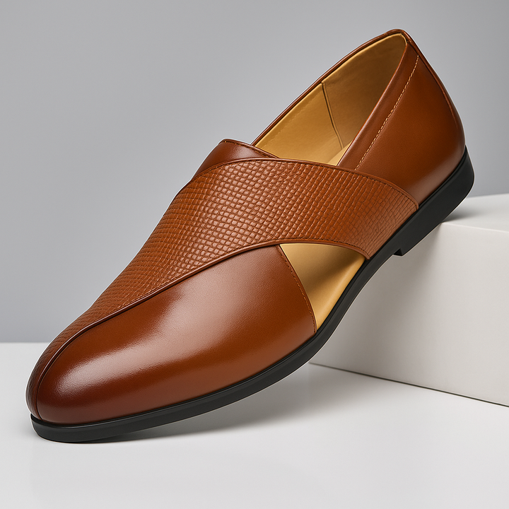 Men's Genuine Leather Woven Cross-Strap Loafers