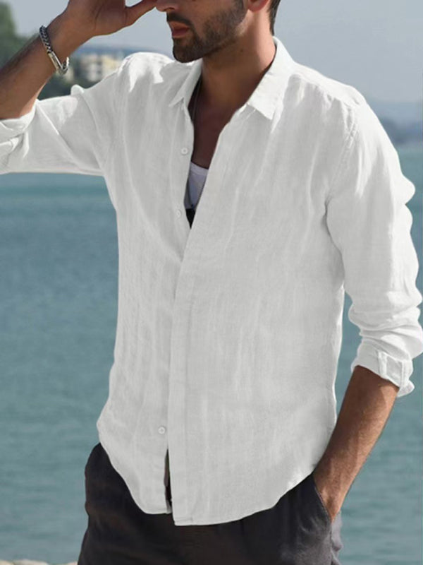 Casual Long Sleeved Cotton Linen Solid Color Shirt