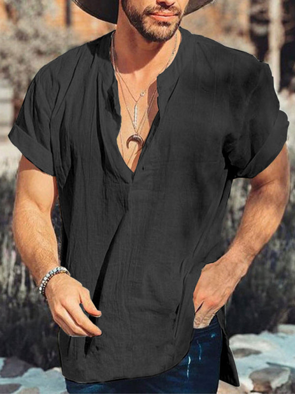 Summer Round Neck Short Sleeve Cotton Linen Shirt