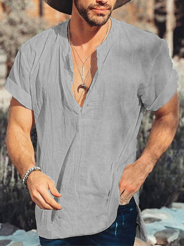 Summer Round Neck Short Sleeve Cotton Linen Shirt