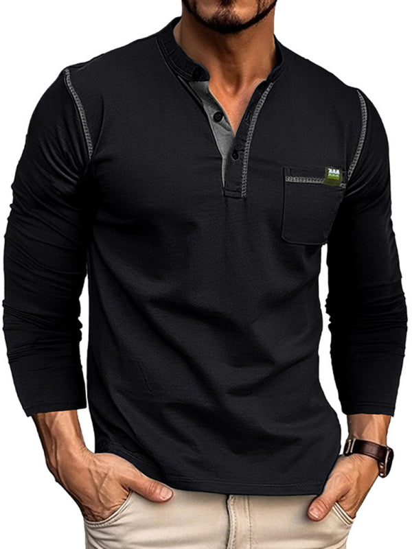 Henley Color Block Knitted Long Sleeve T-Shirt
