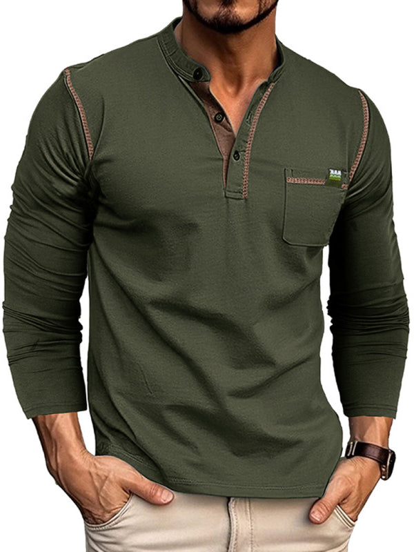 Henley Color Block Knitted Long Sleeve T-Shirt