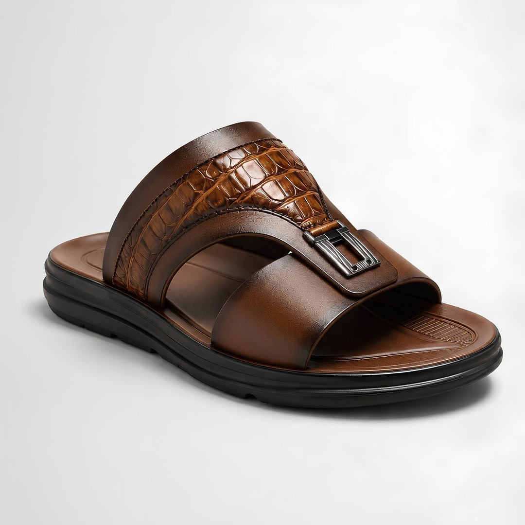 Pair of men's croc effect slider sandals with textured upper