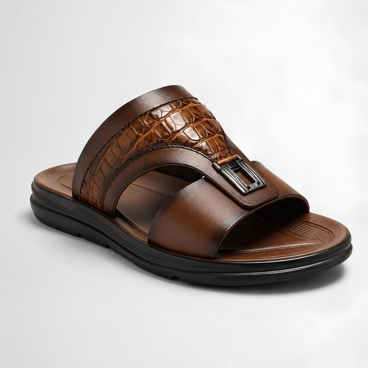Pair of men's croc effect slider sandals with textured upper