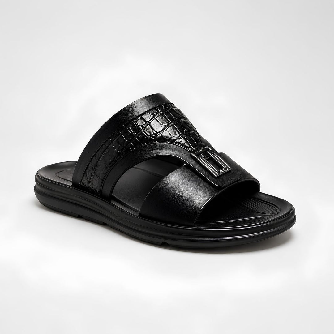Men's croc effect slider sandals with buckle detail, angled front view