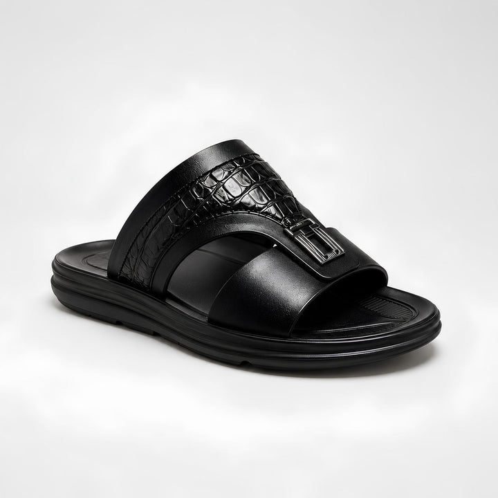 Men's Croc Effect Slider Sandals With Buckle Detail