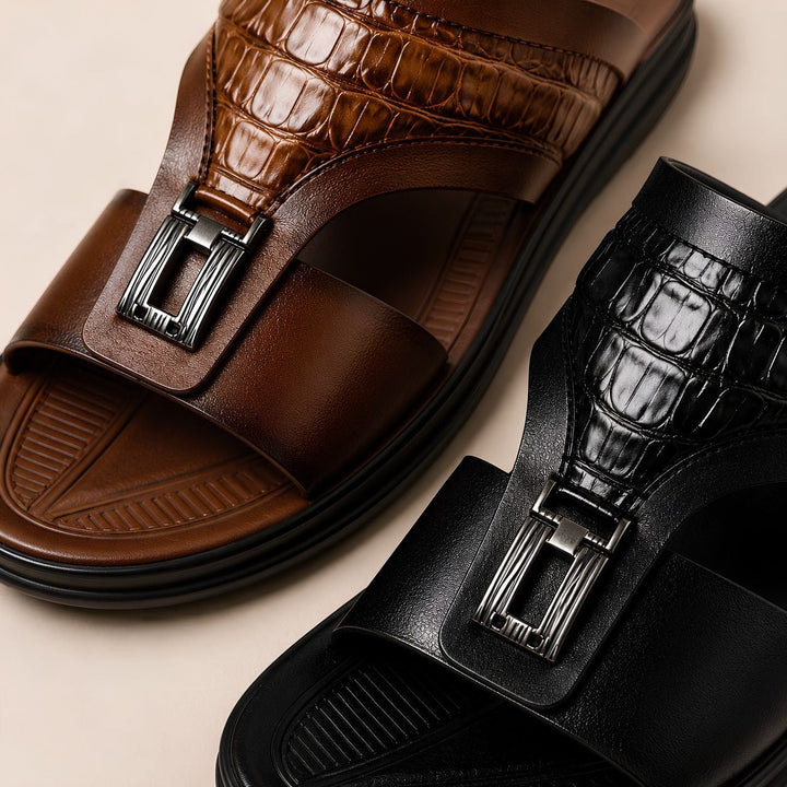 Close-up of buckle detail on men's croc effect slider sandals
