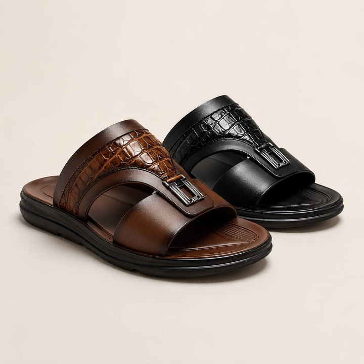 Top view of men's slip-on slider sandals with open toe design