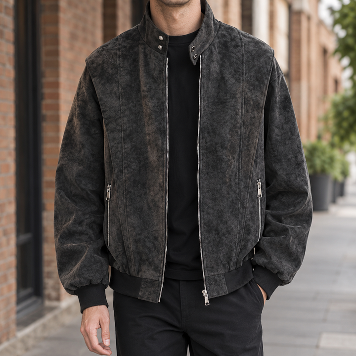 Men’s brushed stand collar jacket shown from the front with a neat stand collar