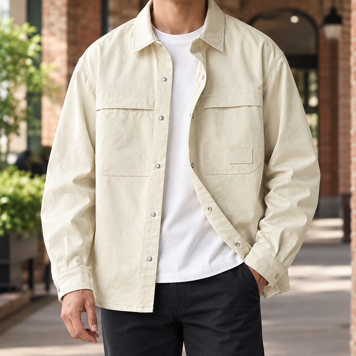 Men's relaxed utility overshirt in a woven blend, shown from the front
