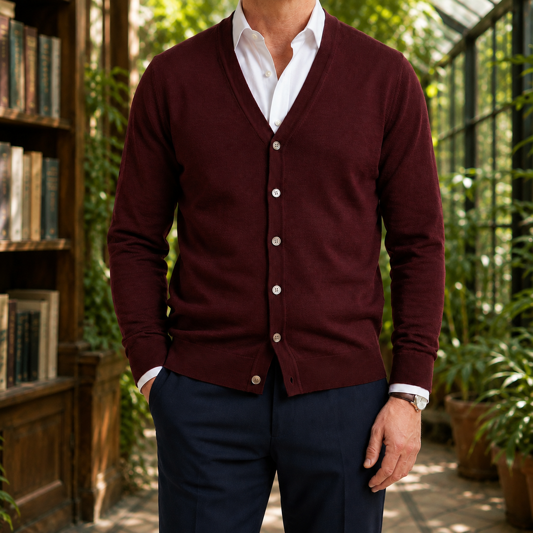 Men's V-neck knit sweater shown from the front