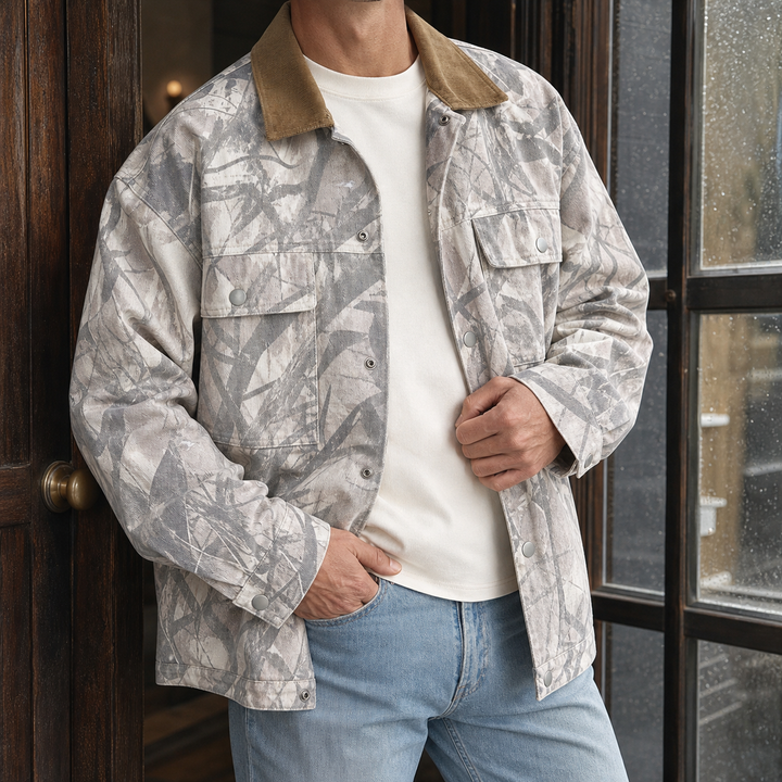Men's silver grey camouflage denim jacket shown from the front