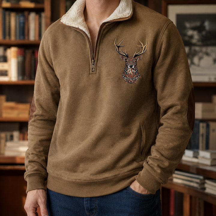 Men’s quarter-zip knit jumper with a deer motif shown from the front