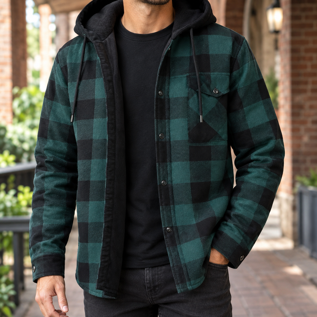 Men's Brushed Denim Plaid Hooded Jacket