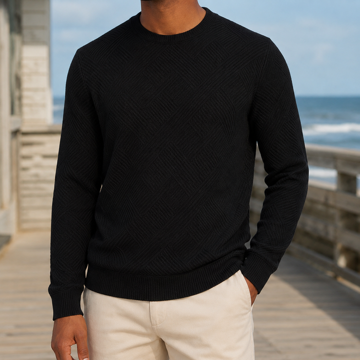 Men's textured crew neck jumper shown from the front