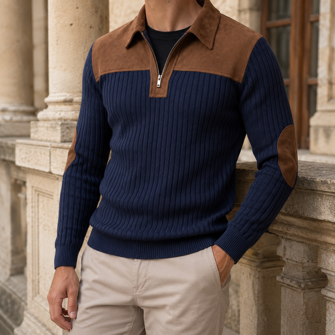 Men's Ribbed Quarter Zip Sweater With Contrast Yoke