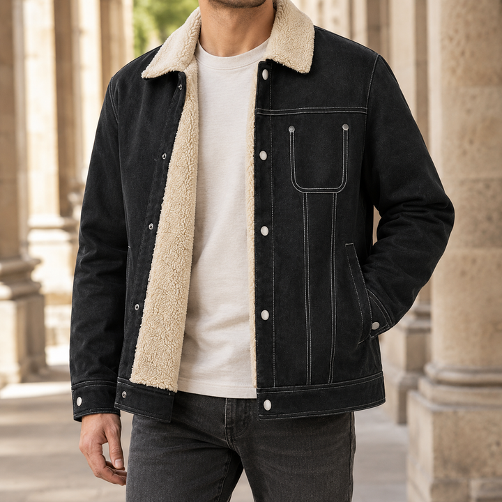 Men's fleece-lined snap front jacket shown from the front