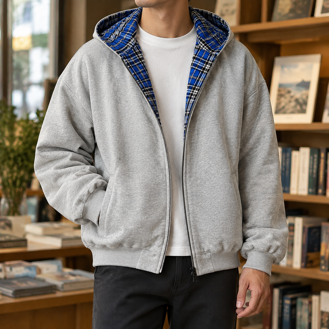 Men's reversible plaid hooded jacket shown from the front