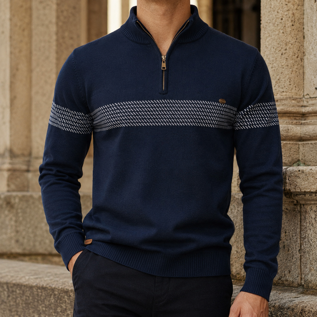 Men's Quarter Zip Knit Sweater With Chest Stripe