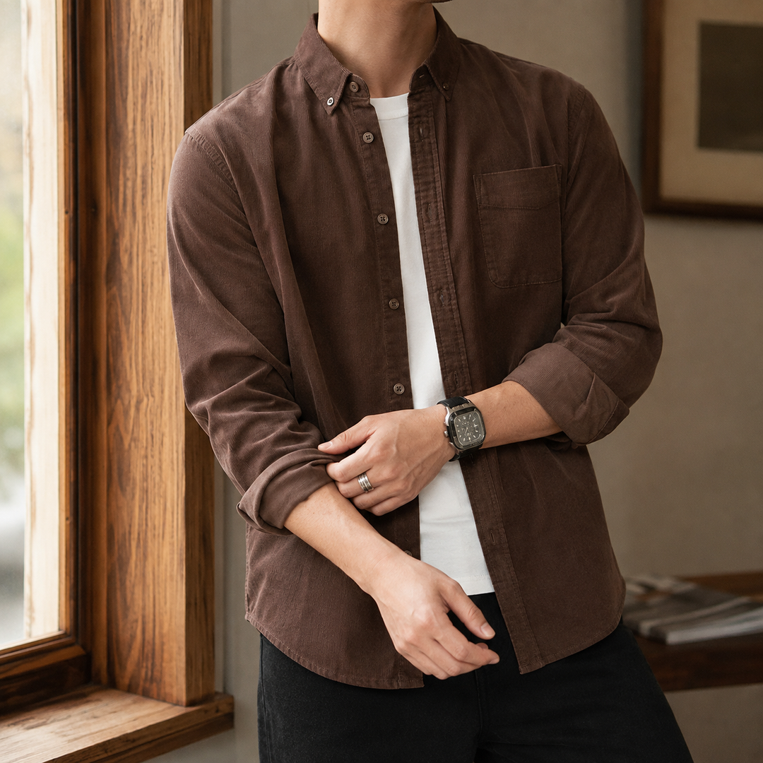 Men's textured woven overshirt shown from the front