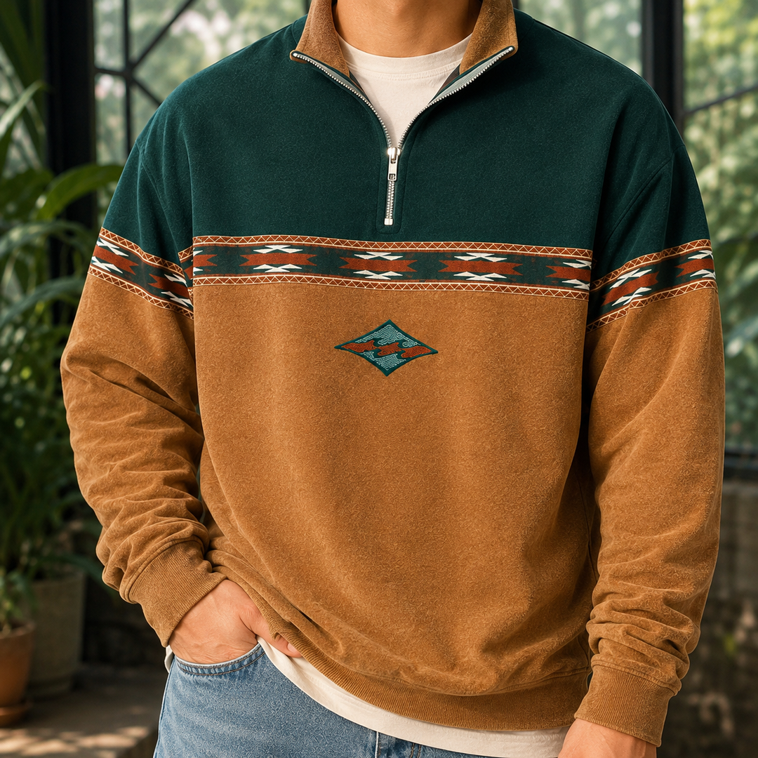 Men's Quarter Zip Knit Sweater Geometric Bands