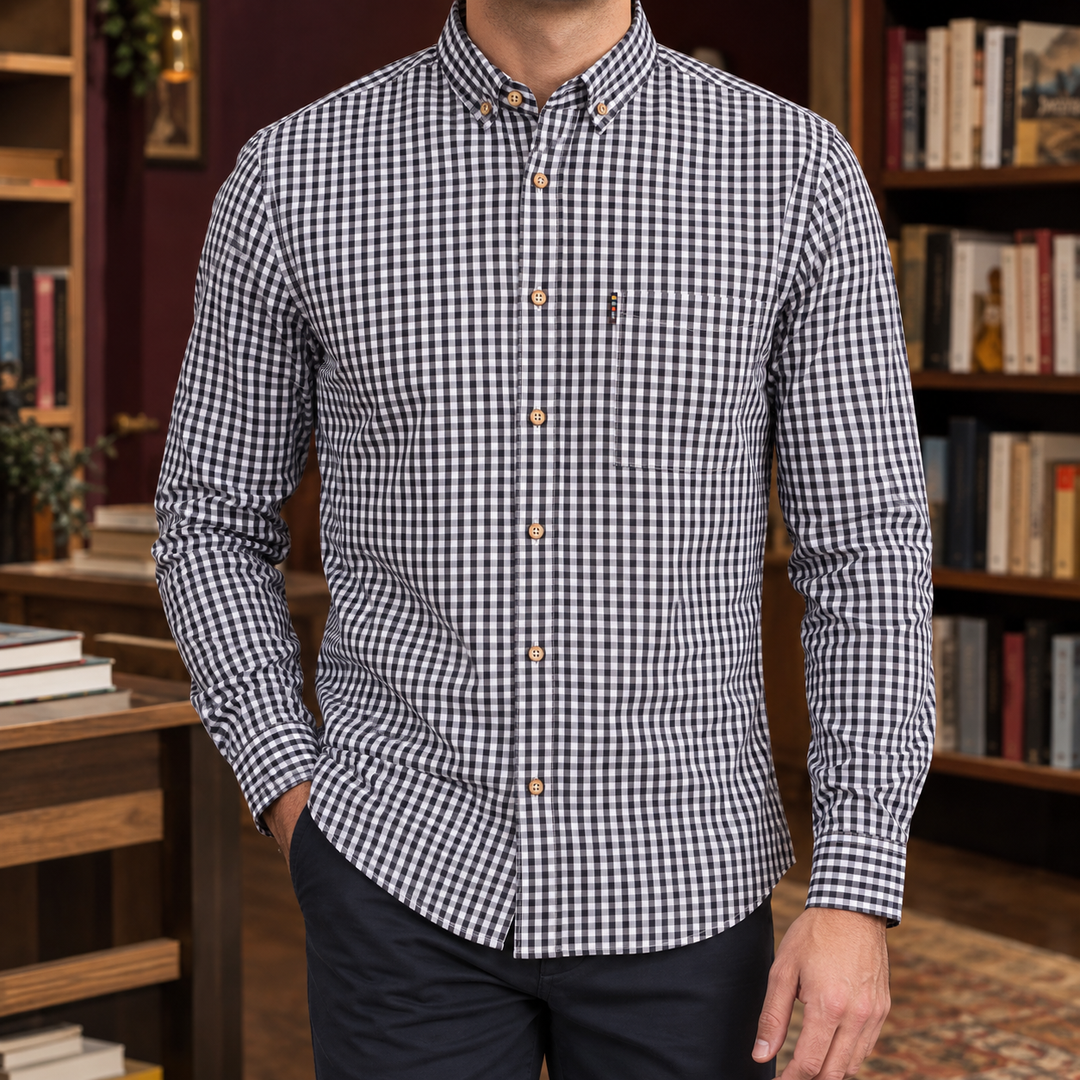 Men's cotton gingham shirt displayed on a plain background