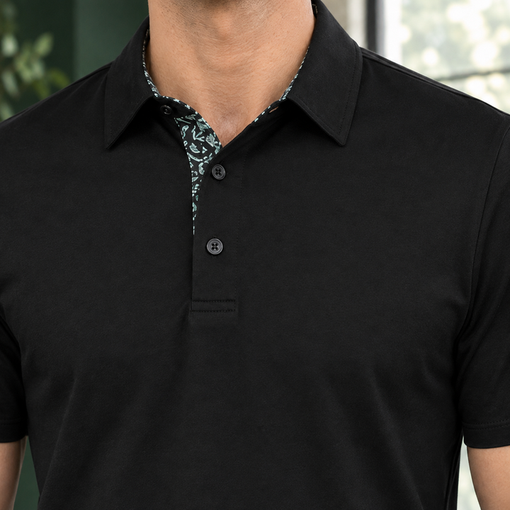 Men's contrast collar polo shirt displayed from the back