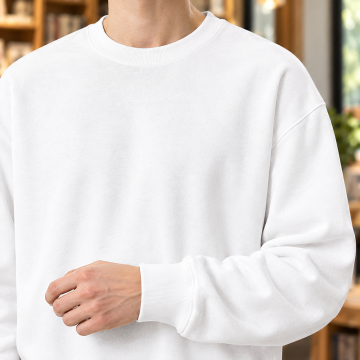 Men's crew neck jumper showing its classic neckline