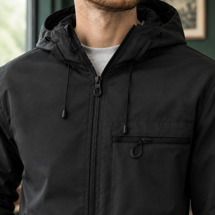 Front view of a men's hooded woven jacket