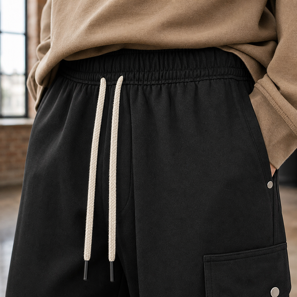 Side view of men's wide-leg cargo trousers showing the relaxed fit and cargo pockets