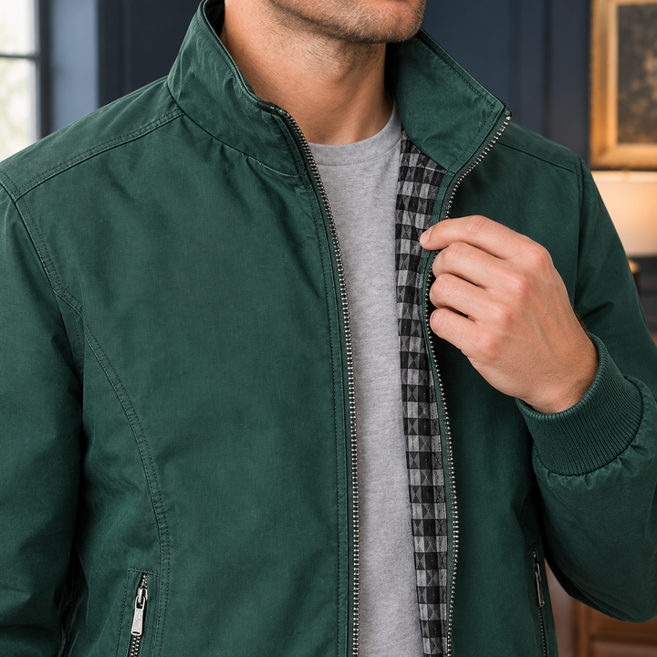 Front view of a men's woven zip-front jacket