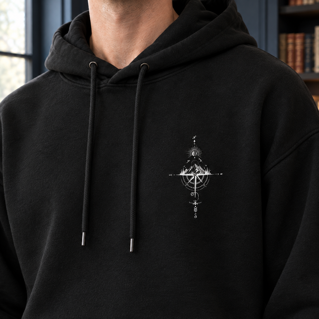 Front view of a men's relaxed-fit graphic hoodie