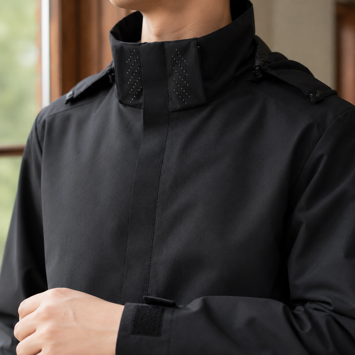 Men's hooded jacket displayed from the back with its hood visible
