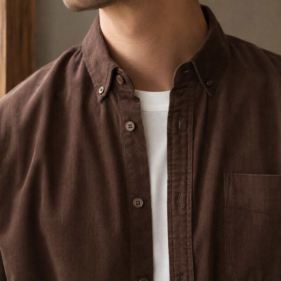 Men's relaxed-fit woven overshirt displayed from the back