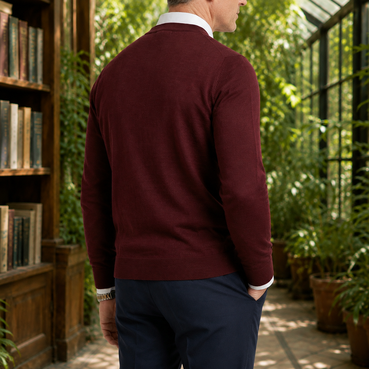 Men's V-neck sweater highlighting the knitted texture
