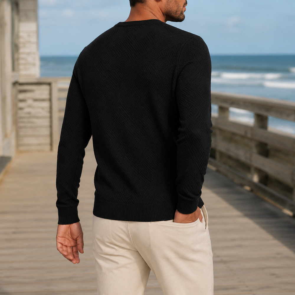 Close-up of the textured knit on a men's crew neck jumper