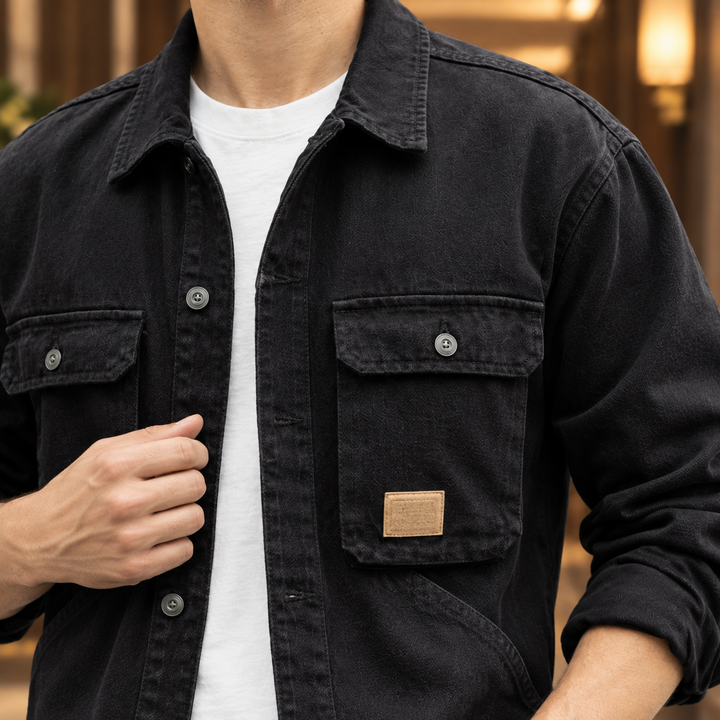 Close-up of the denim utility jacket showing its collar, buttons and chest pockets