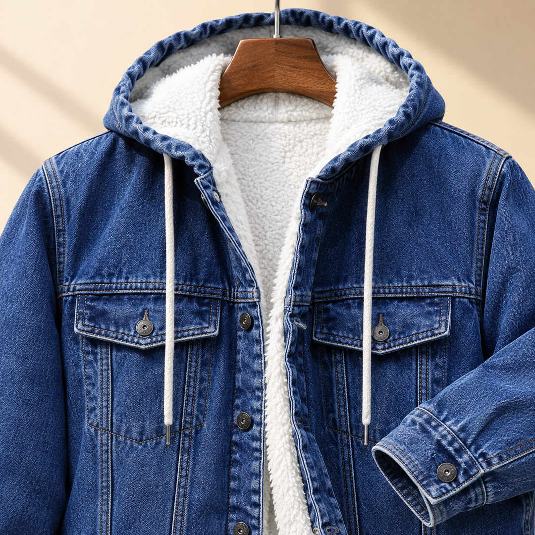 Close-up of the hood and front detail on a men's denim jacket