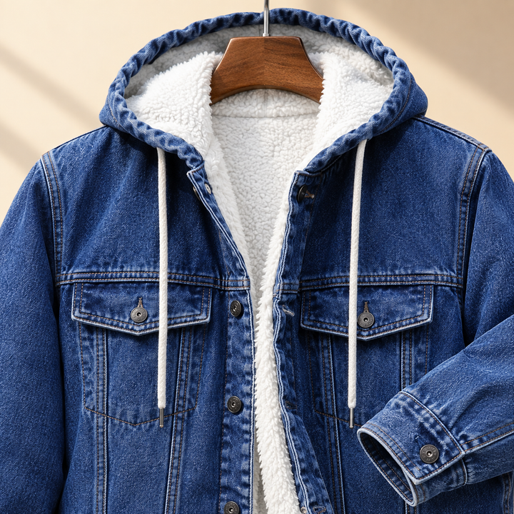Close-up of the hood and front detail on a men's denim jacket