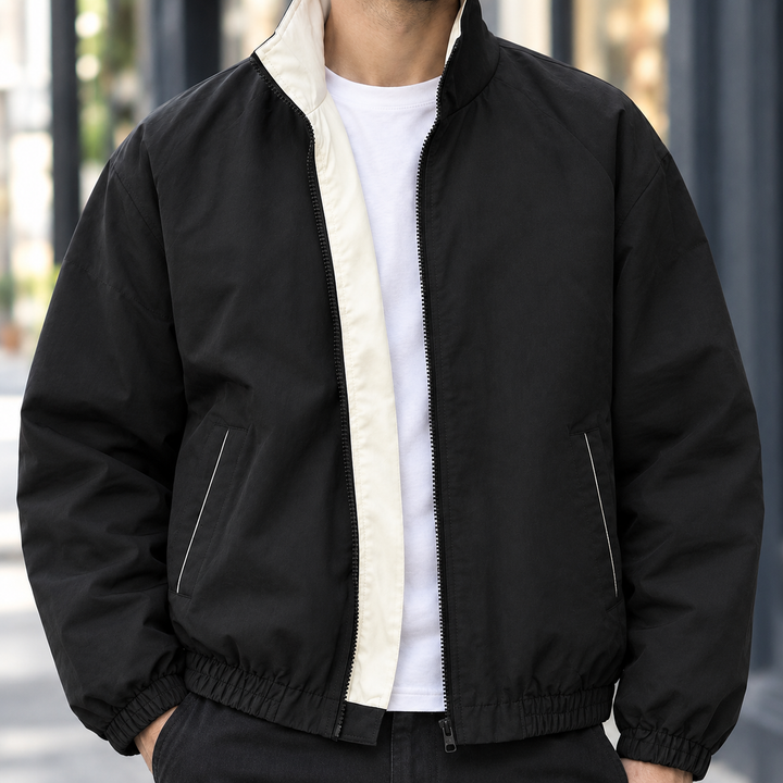 Men's contrast woven jacket displaying its woven texture