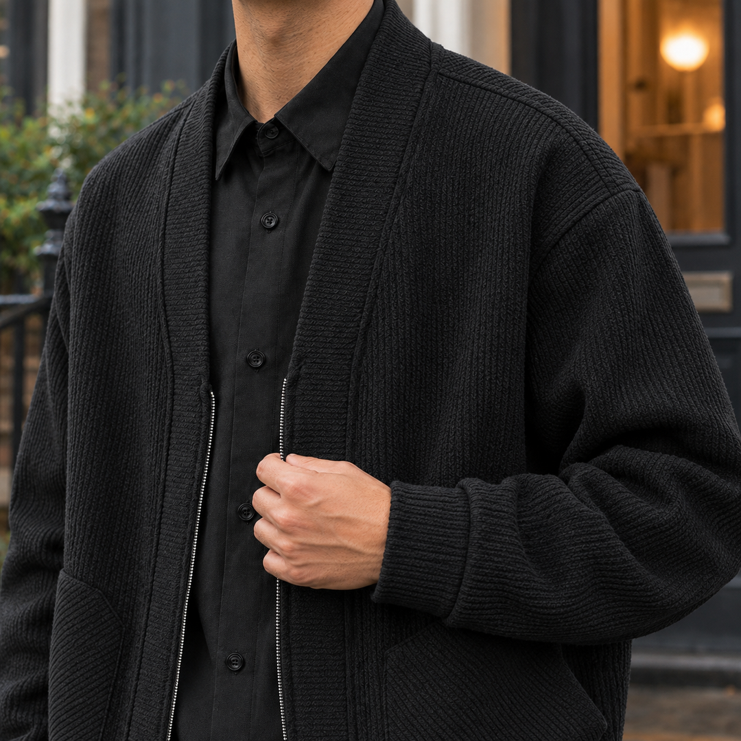 Close-up of the ribbed texture on a men's cotton blend jacket